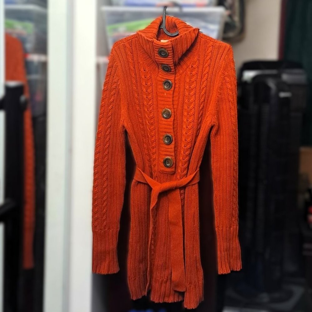 Sweet Romeo Burnt Orange 100% Cotton Ribbed Knit Sweater Dress with Sash